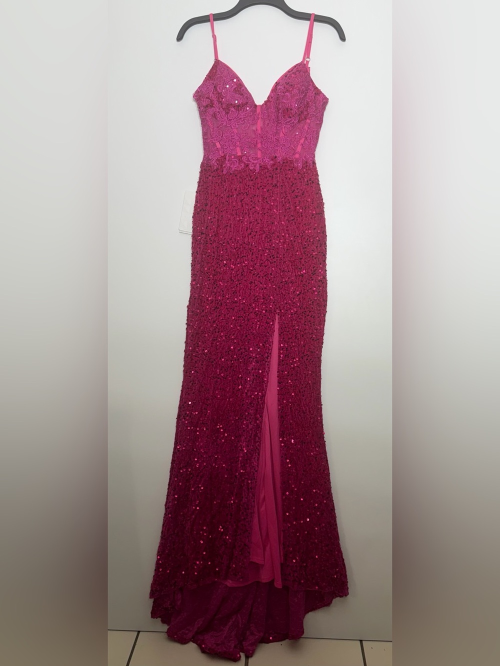 Witness of Love Pink Sequin Lace Mesh Sweetheart Lace-Up Long Gown Size Small